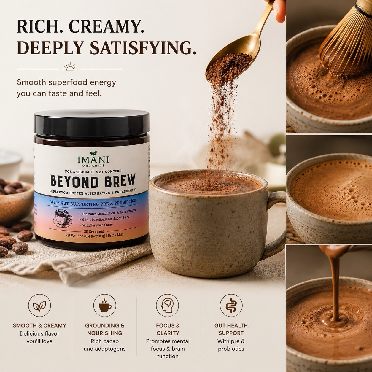 3-PACK Beyond Brew Mushroom Coffee 7-in-1 Cacao Energy/focus/Gut/Mental!