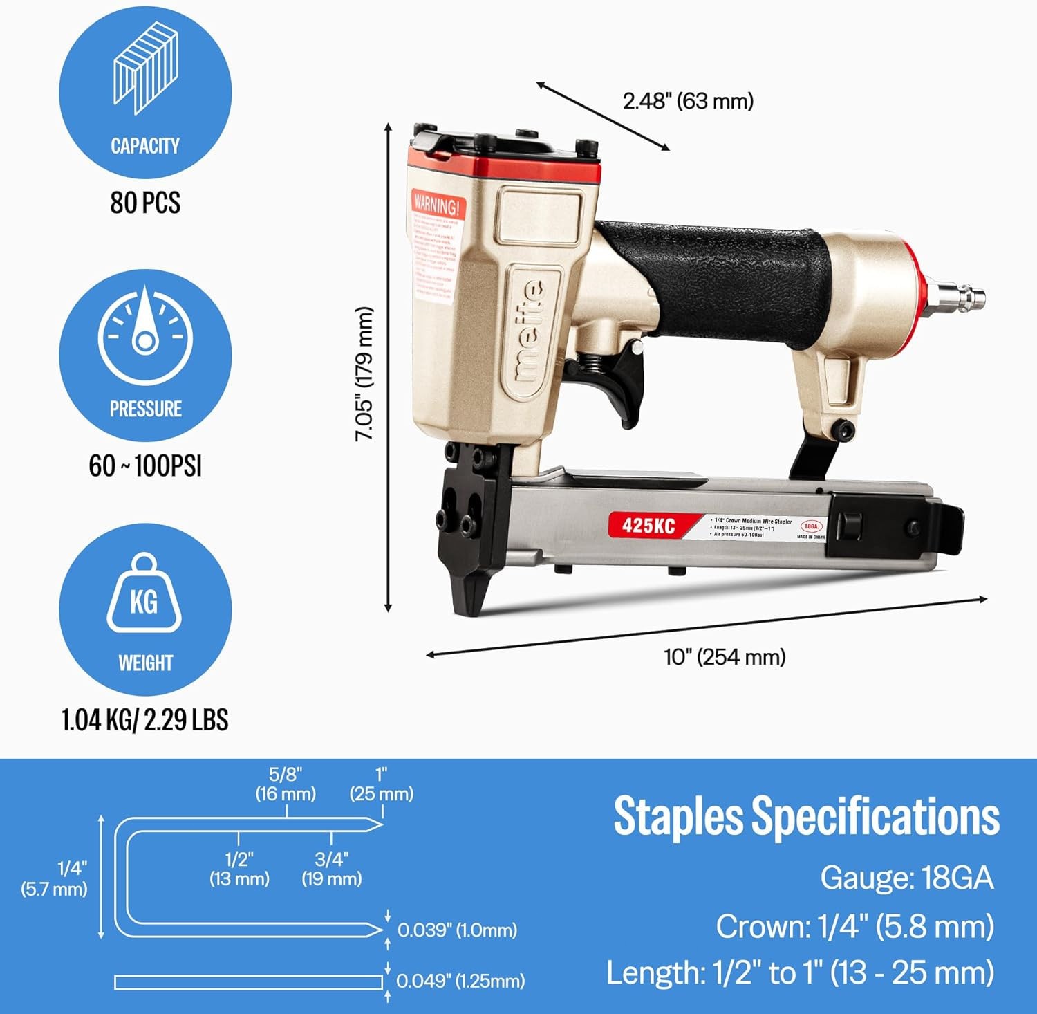meite 425KC Narrow Crown Stapler, Fits 18 Gauge 1/4″ Crown 1/2″ to 1″ Staples