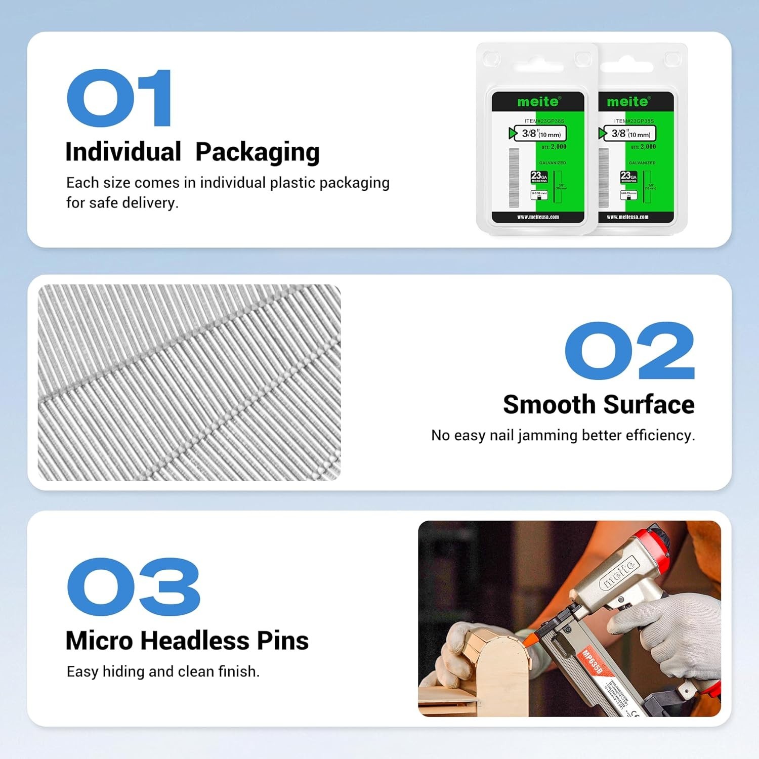 meite 23 Gauge Pin Nails, 1-3/8 Inch Micro Headless Pins – Galvanized 23GA Pins