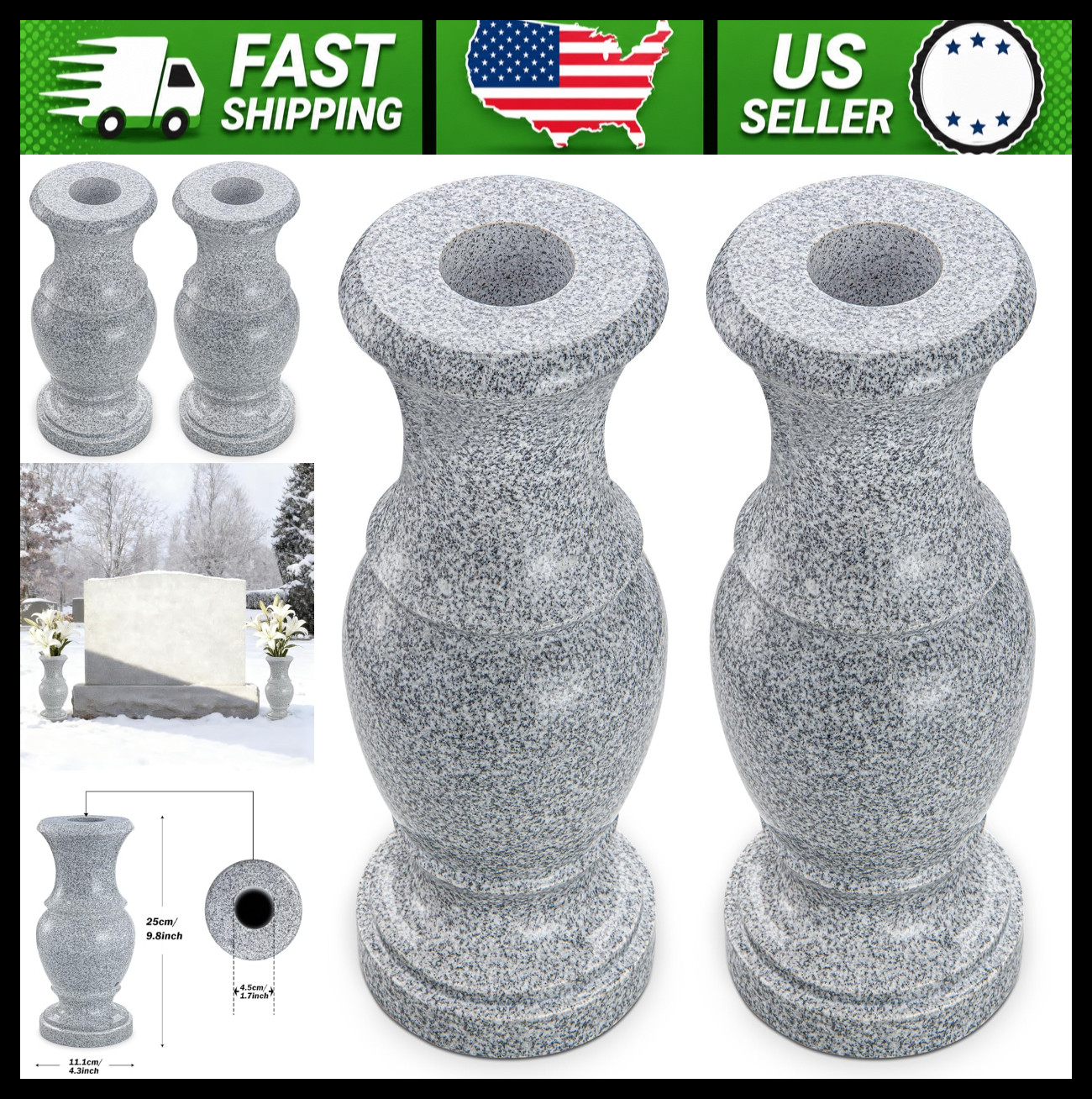Cemetery Memorial Flower Vase with Drain Holes, 2 Pack, 9.8 in