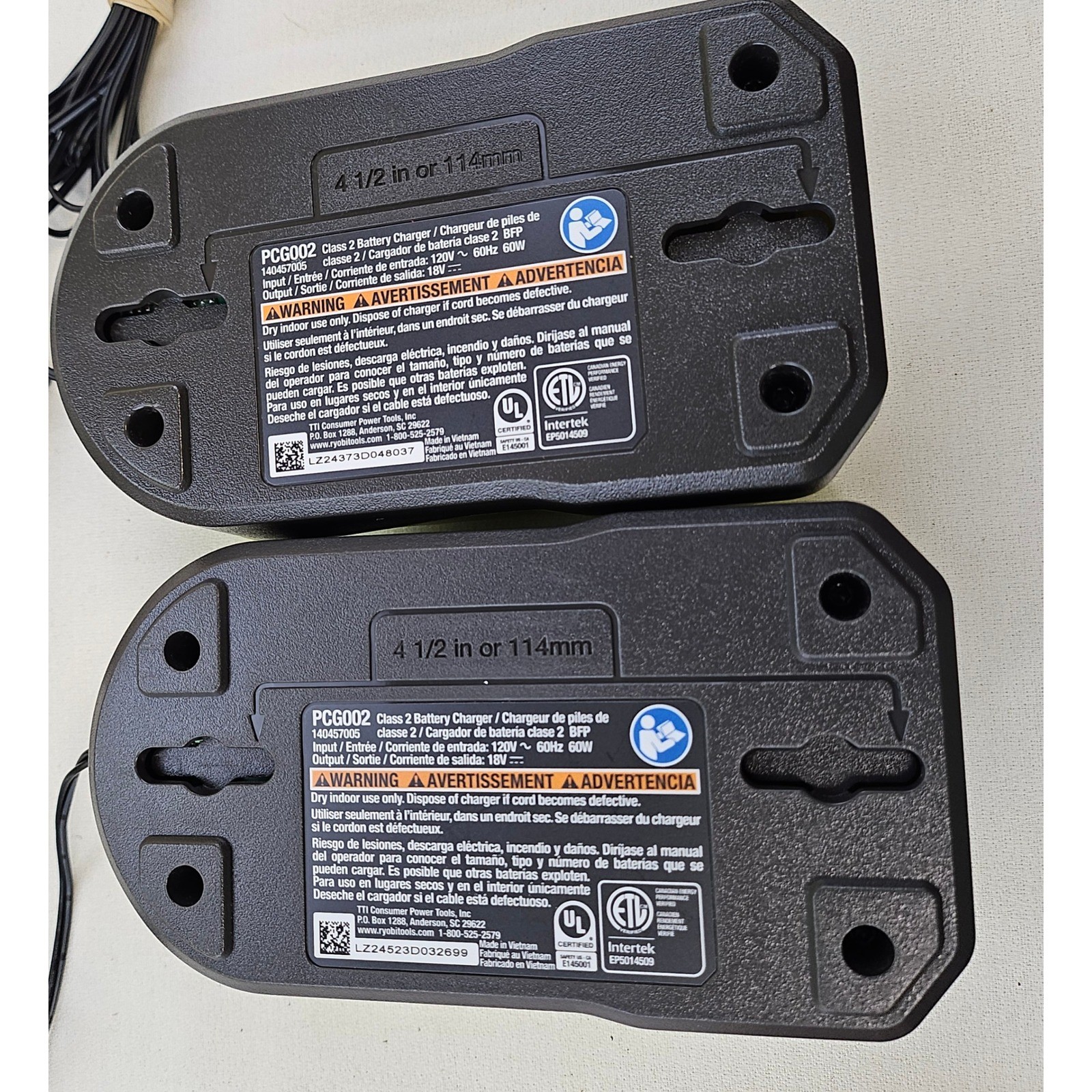 Ryobi PCG002 18V ONE+ Lithium-Ion Battery Class 2 Charger 140457005 Lot of 2