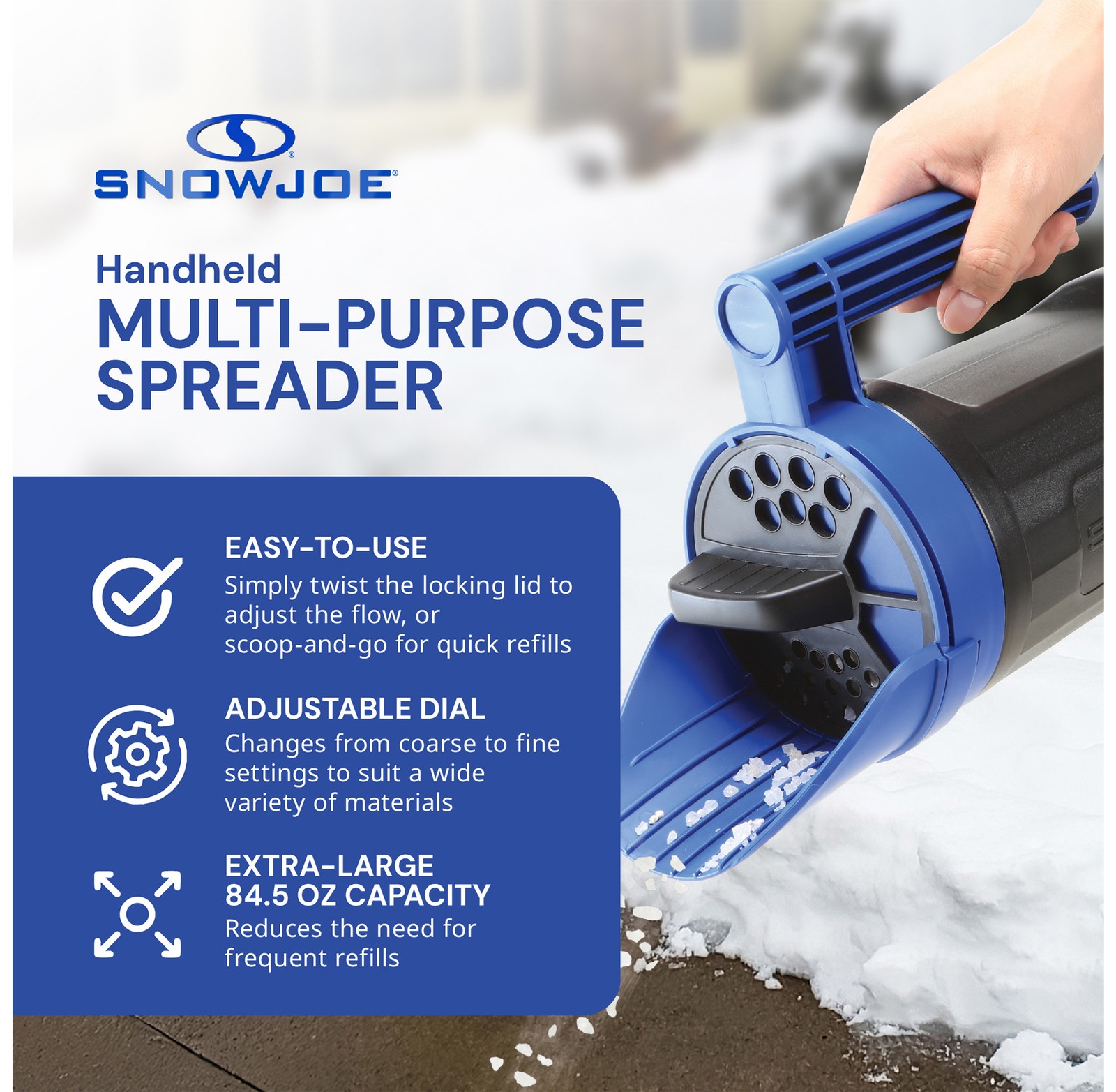 Snow Joe Handheld All-Season Multi-Purpose Spreader, 5 Lb Capacity, Blue/Black