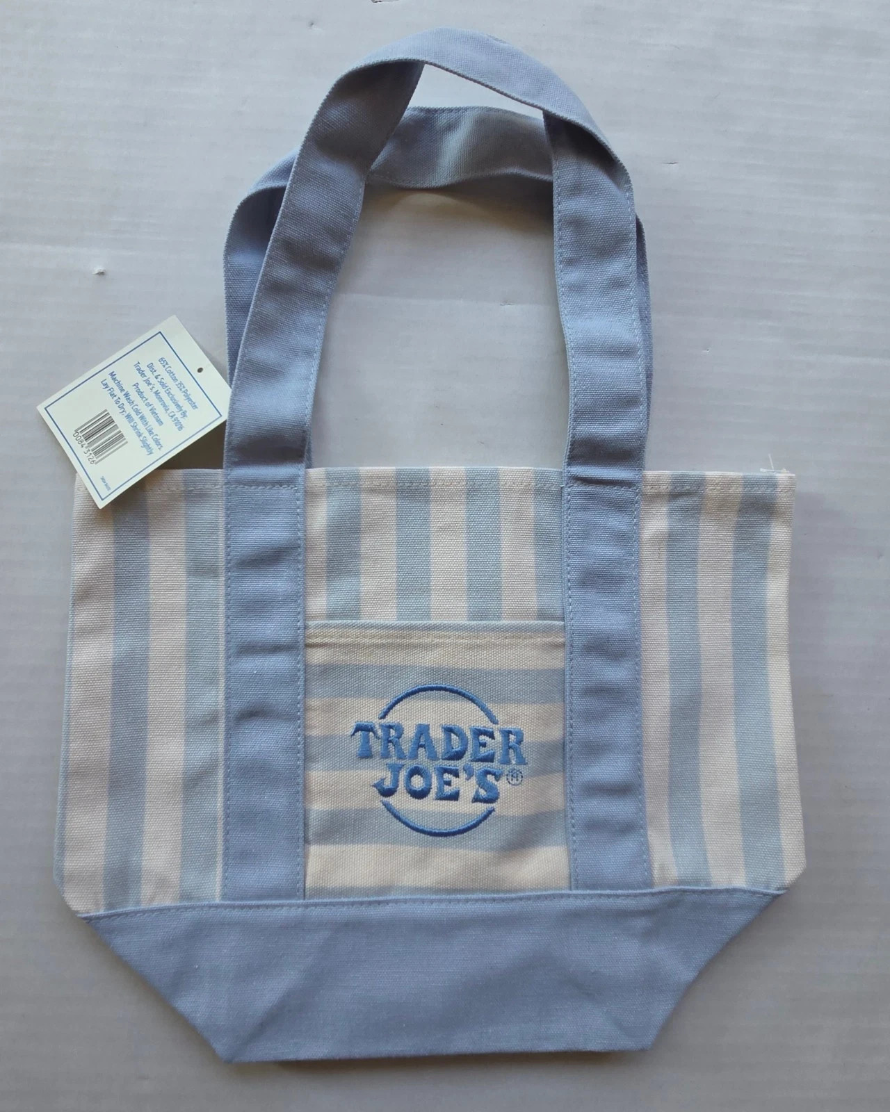 Trader Joe’s MINI Canvas Reusable Bag, with Off White or Tan, LIGHT BLUE STRIPES