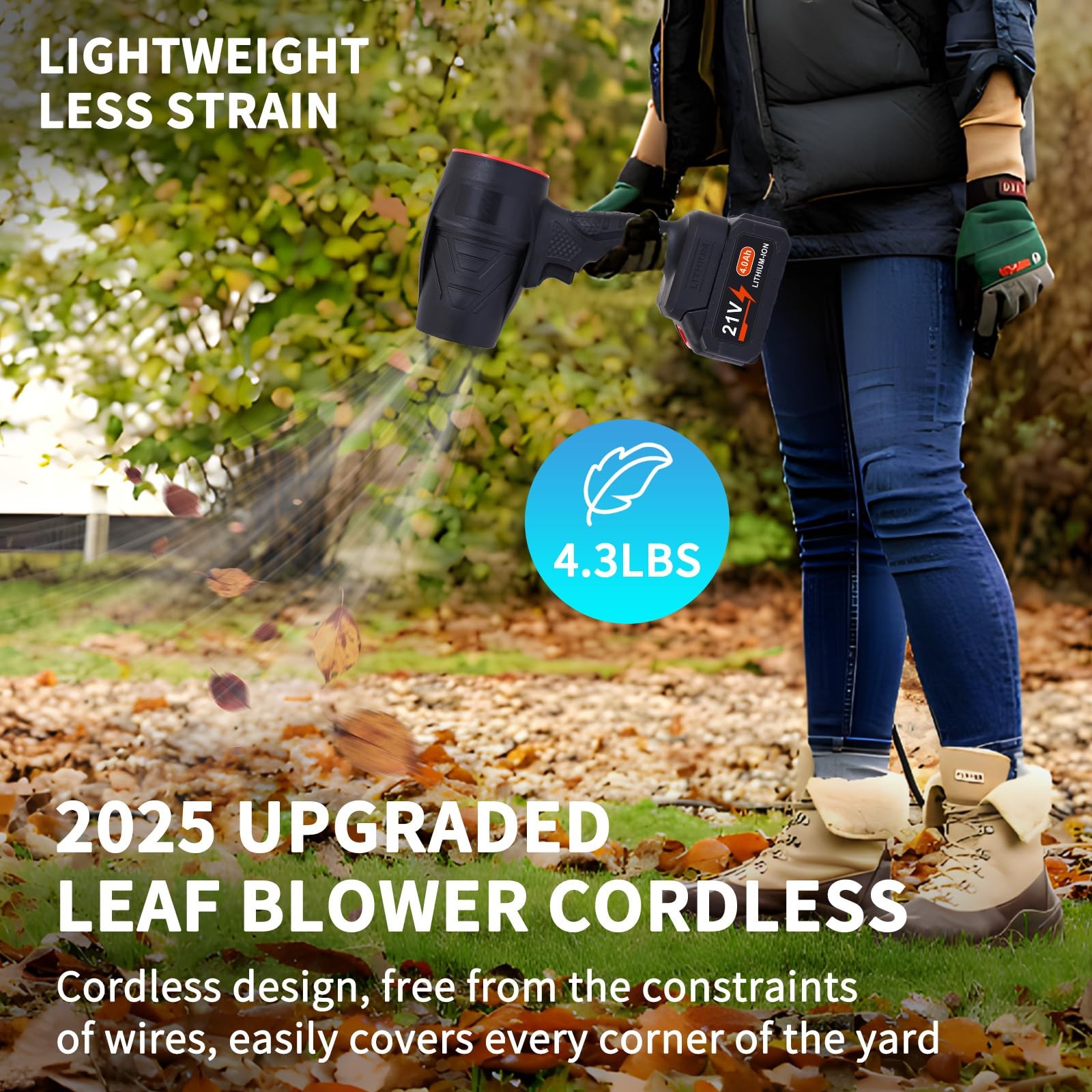 Cordless Leaf Blower Powerful Handheld 2x21V Batteries Lightweight Lawn Care