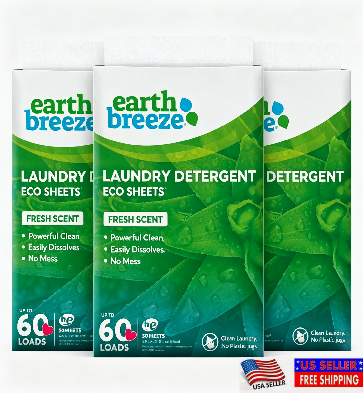 1-3 Pack Earth Breeze Fresh Scent Laundry Detergent Sheets 60 Loads Each