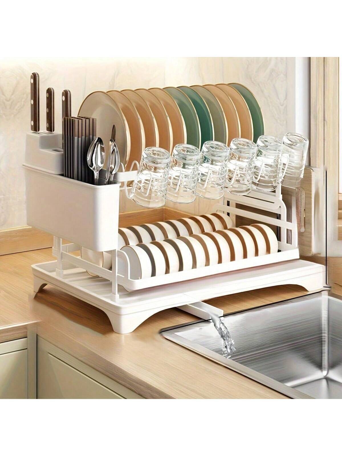 2-Tier Over Sink Dish Drying Rack Stainless Steel Kitchen Shelf Cutlery Drainer