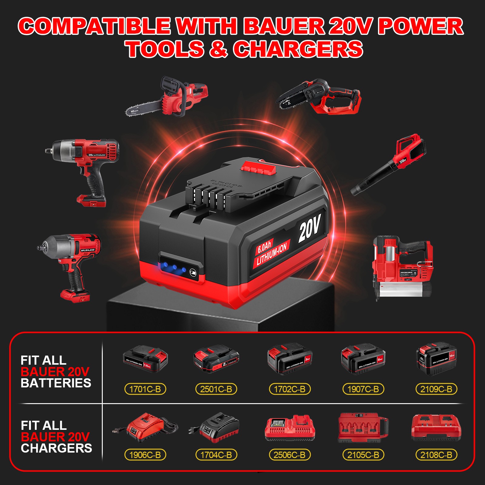 20V 6Ah Lithium-Ion Replacement Battery Pack for Bauer 20V Cordless Power Tools