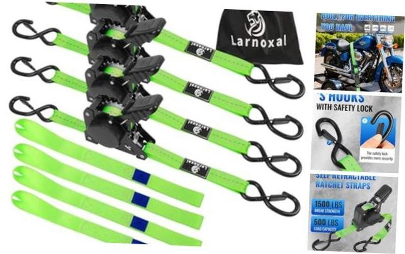 Retractable Ratchet Straps 4 Pack – 1,500 Lbs Break Strength 1 in x 10 Ft Green