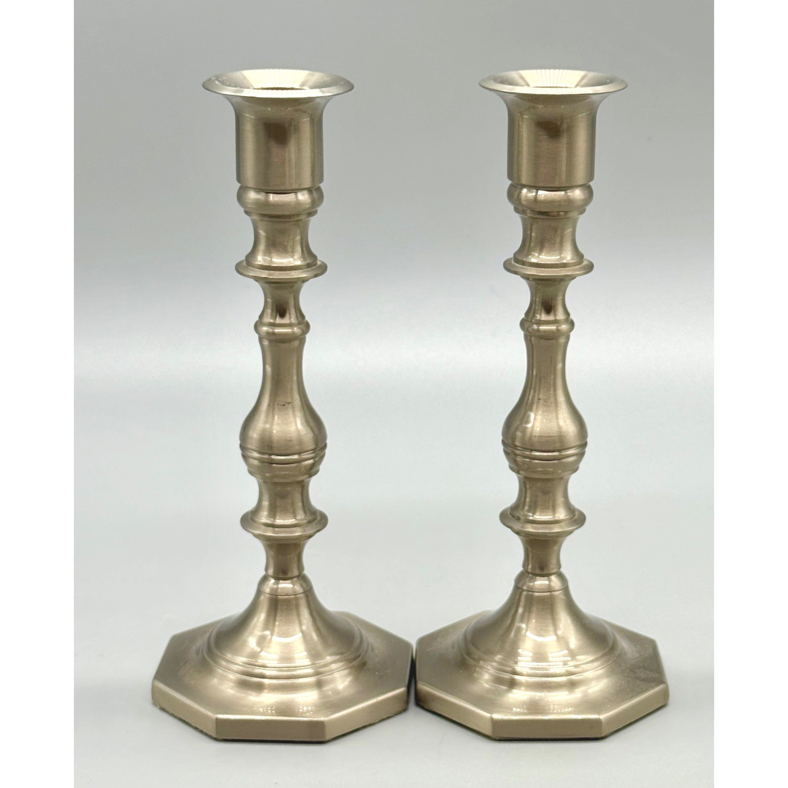 Pewter Candlestick Holders Silver Octagon Base 7 inch Set of 2