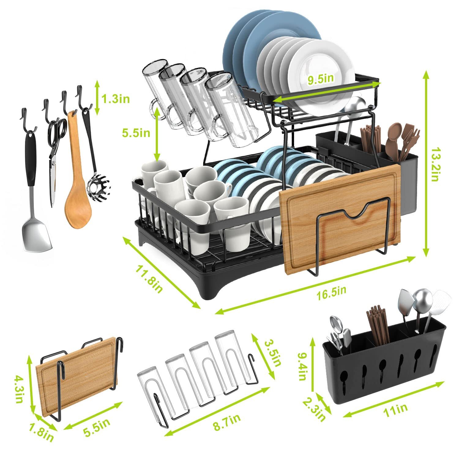 Dish Drying Rack, 2-Tier Dish Racks for Kitchen Counter, Dish Rack W/ Drainboard