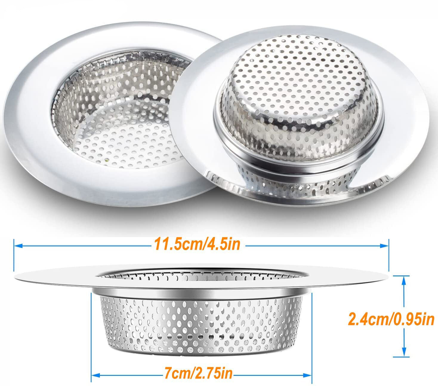 2PCS 4.5″ Kitchen Bathroom Sink Strainer Stainless Steel Filter Drain Strainer