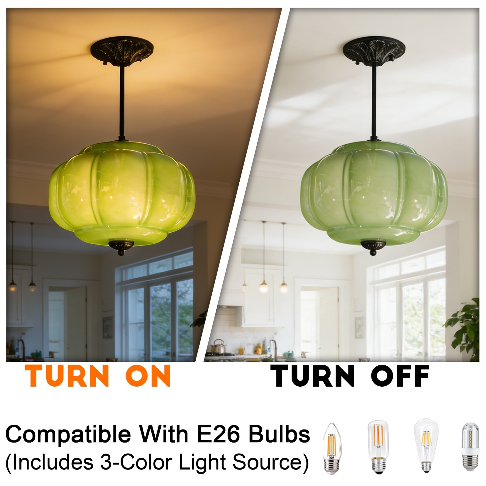 14’Simple Green Pumpkin Shaped Pendant Light,Living Room/dining Room Glass Light