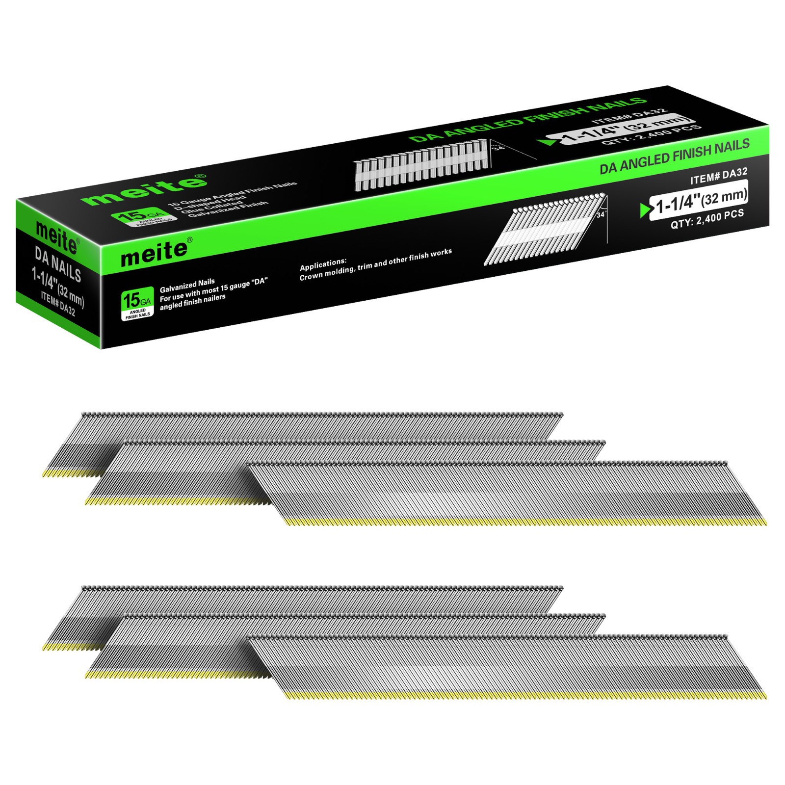 meite DA Nails 15GA Angled Finish Nails for DA Style Finish Nail Gun (2,400 Pcs)