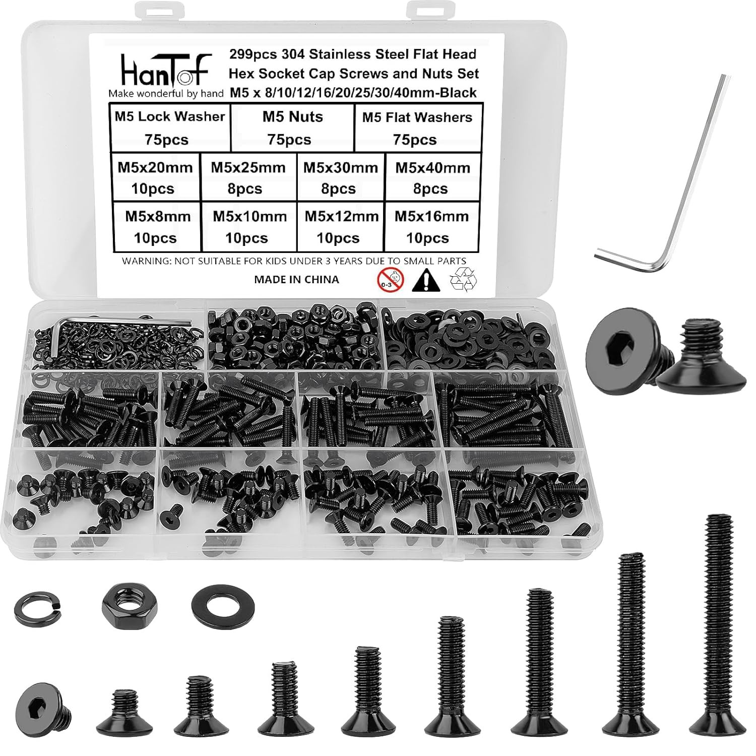M3 M4 M5 M6 Flat Head Hex Socket Cap Screws Bolts Nuts & Washers Assortment Kit