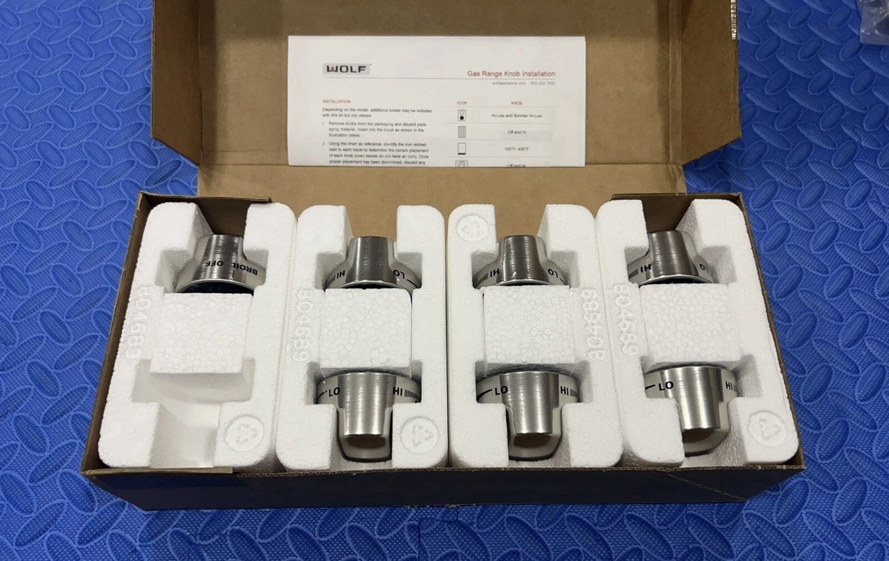 WOLF STAINLESS”plastic/metal”KNOB SET (7pc) FOR GR366 RANGES, C-pics & desc