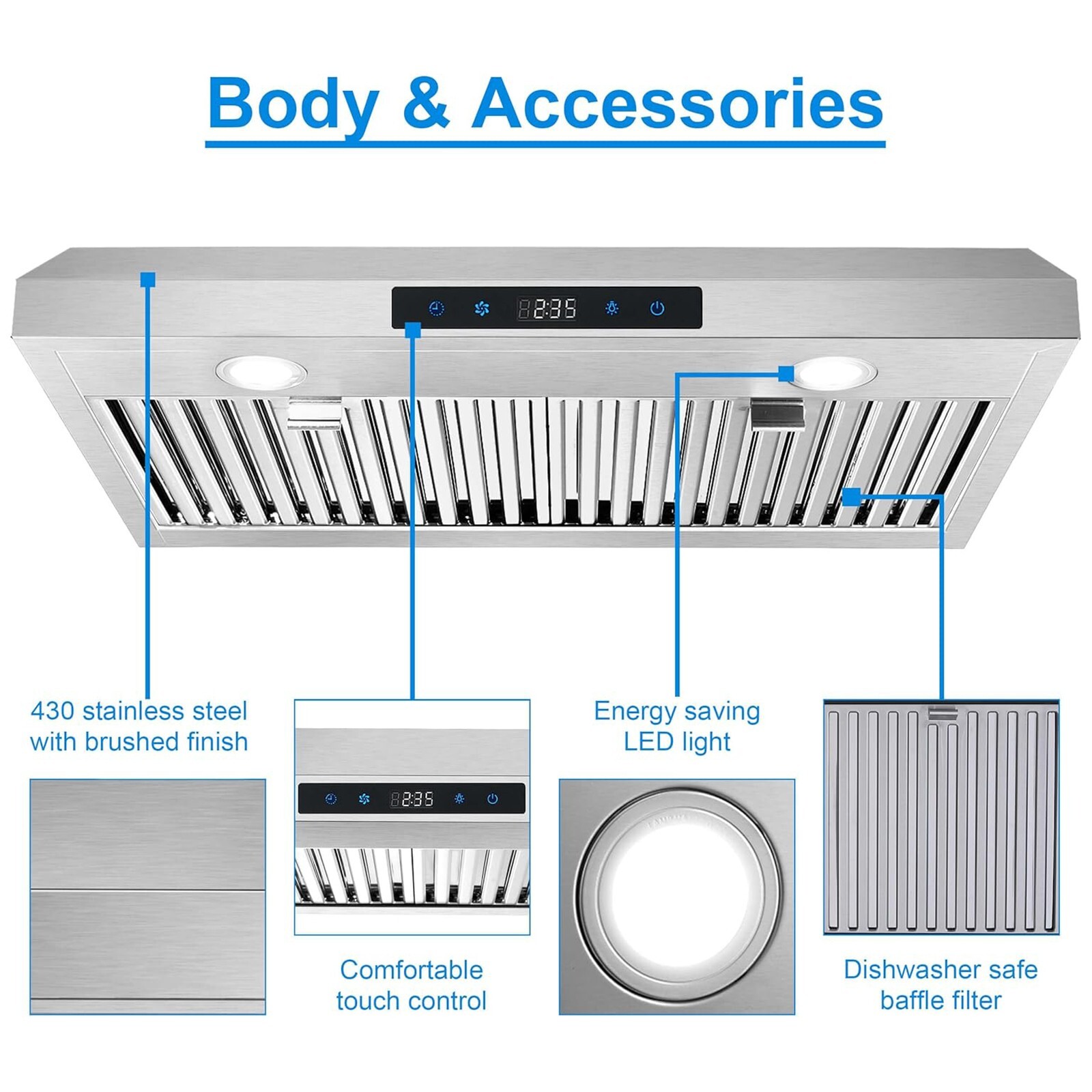 SNDOAS 30in Under Cabinet Kitchen Range Hood 800CFM 3-Speed Touch Control Vented