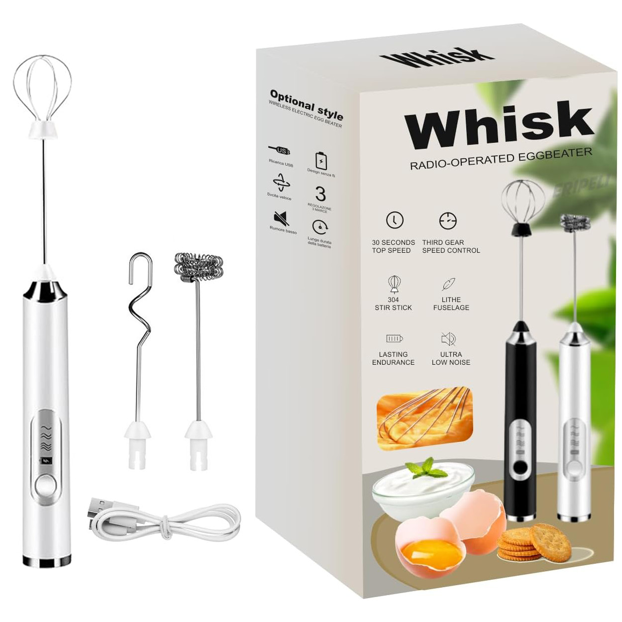 Milk Frother Wand for Coffee, Rechargeable Electric Whisk with 3 Heads