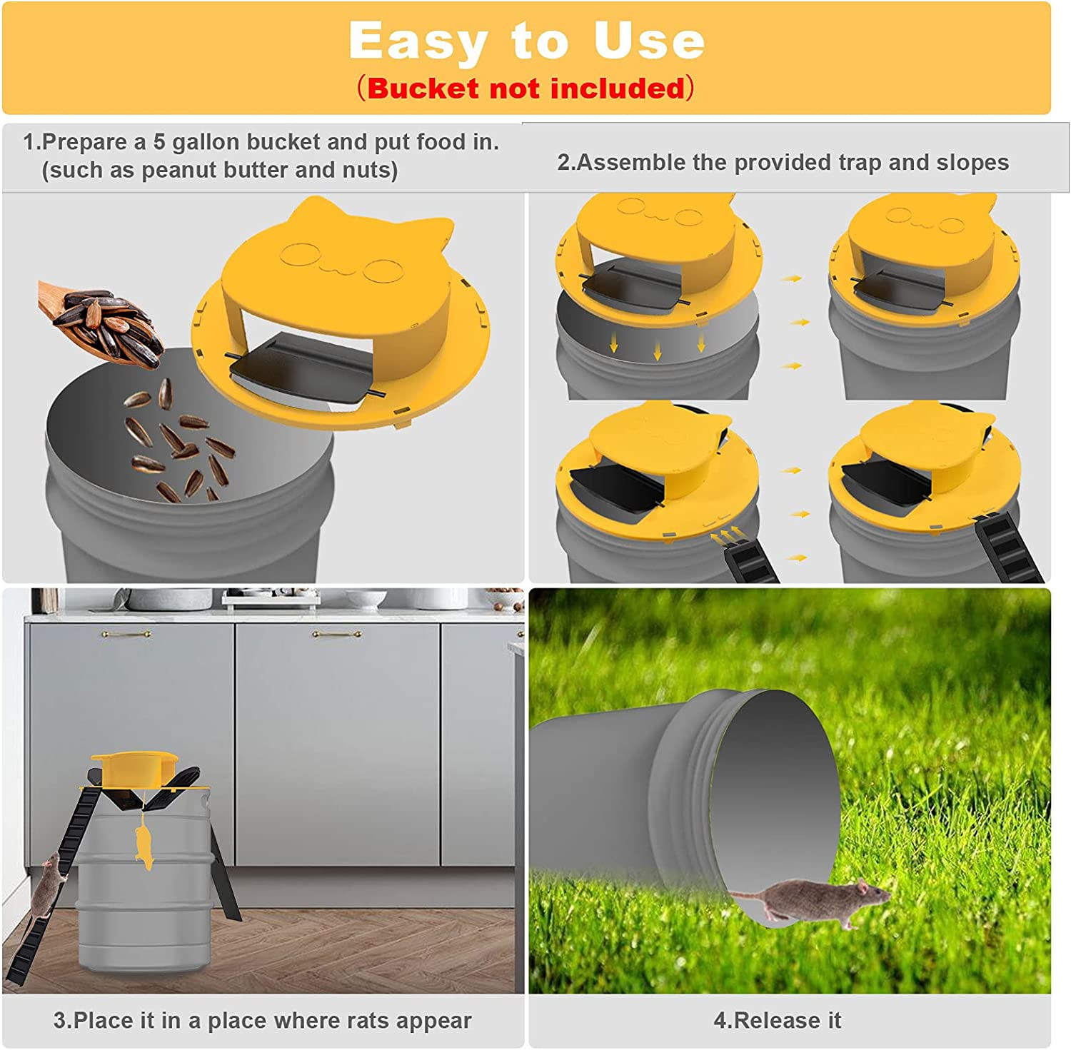 2Pack Black Slide Bucket Lid Mouse Rat Trap Bucket Mousetrap Catcher US Stock
