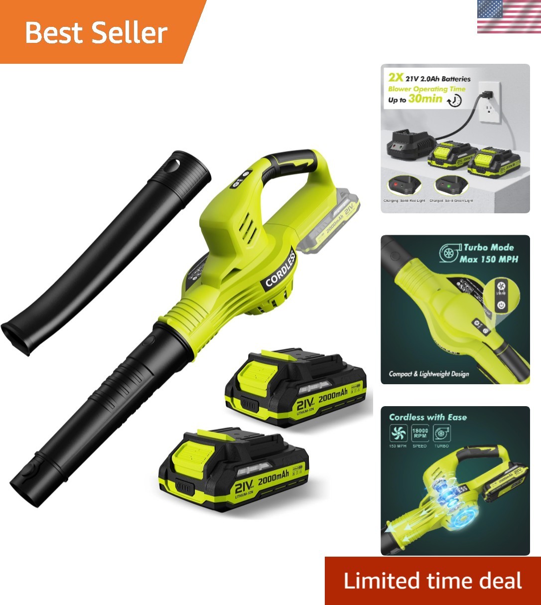 Powerful Rechargeable Leaf Blower, 150MPH Turbo Speed – 2.0Ah Batteries Included