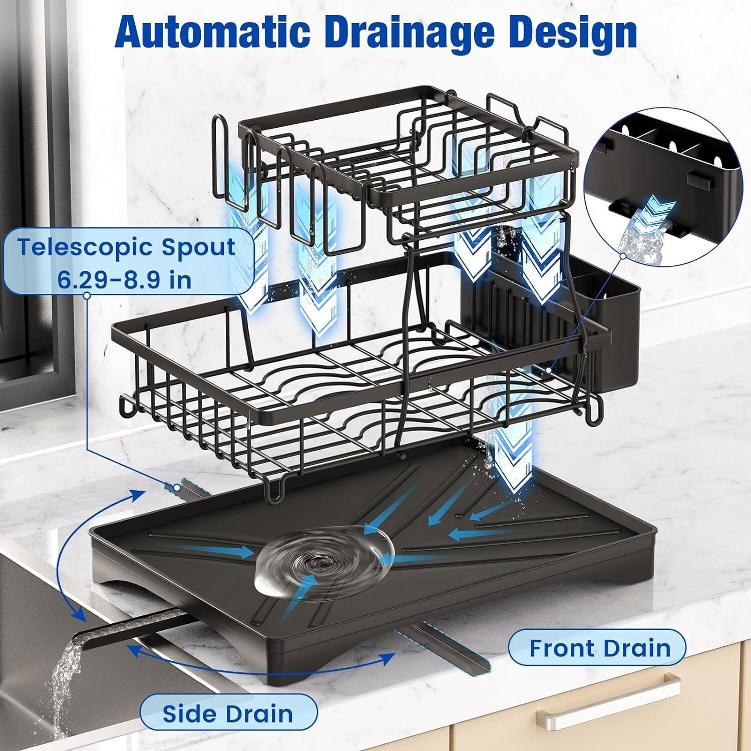 Over Sink Dish Drying Rack 2-Tier Stainless Steel Kitchen Shelf Cutlery Drainer