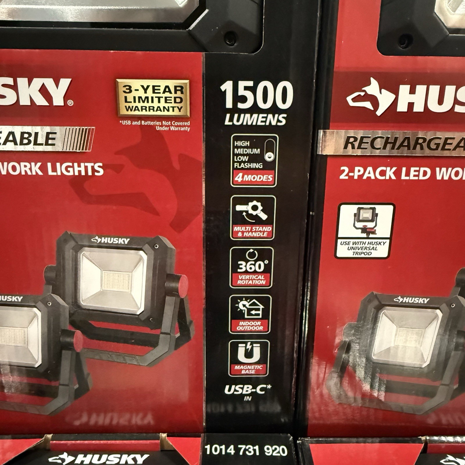 Husky 1500 Lumen Portable Rechargeable LED Work Lights 2Pack USB-C Magnetic 360°